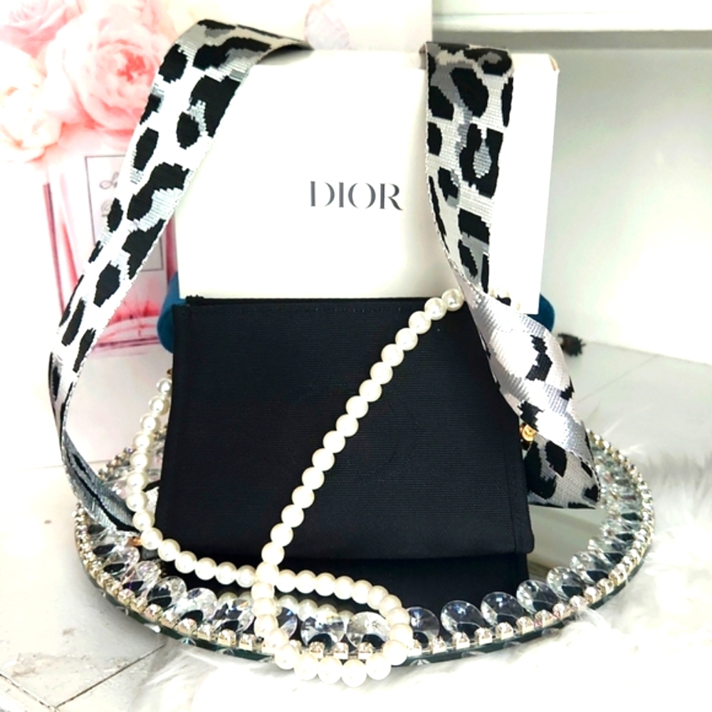 DIOR COSMETIC POUCH w PEARL CHAIN AND LEOPARD PRINT GUITAR STRAP